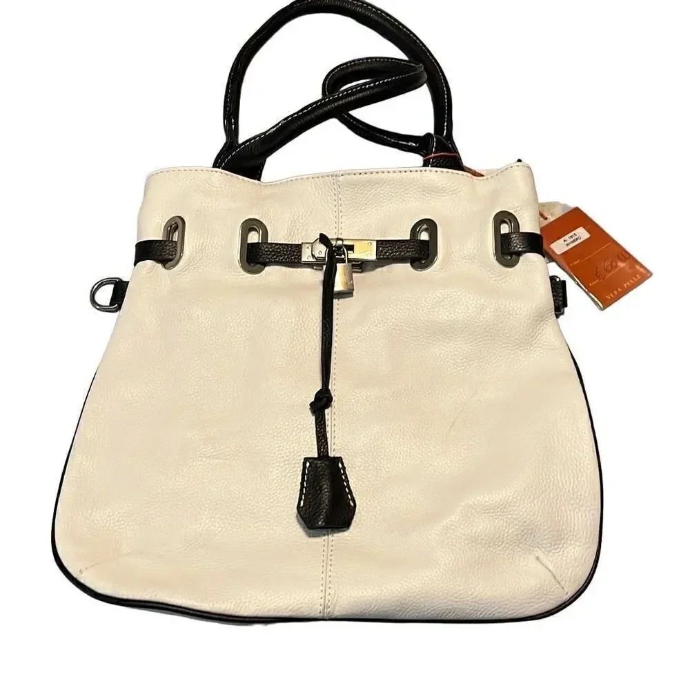 Vera Pelle, genuine, leather, white, and navy bag new with tags